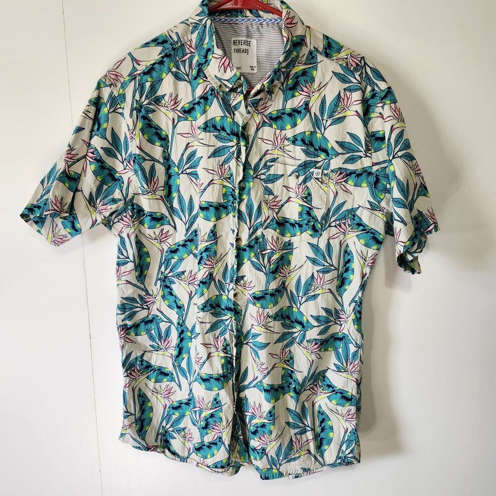 Reverse Threads Birds of Paradise Hawaiian Shirt Mens XL Khaki Floral Aloha